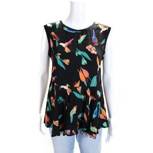 Beatrice Womens Black Bird Print Scoop Neck Sleeveless Tunic Blouse Top Size 2